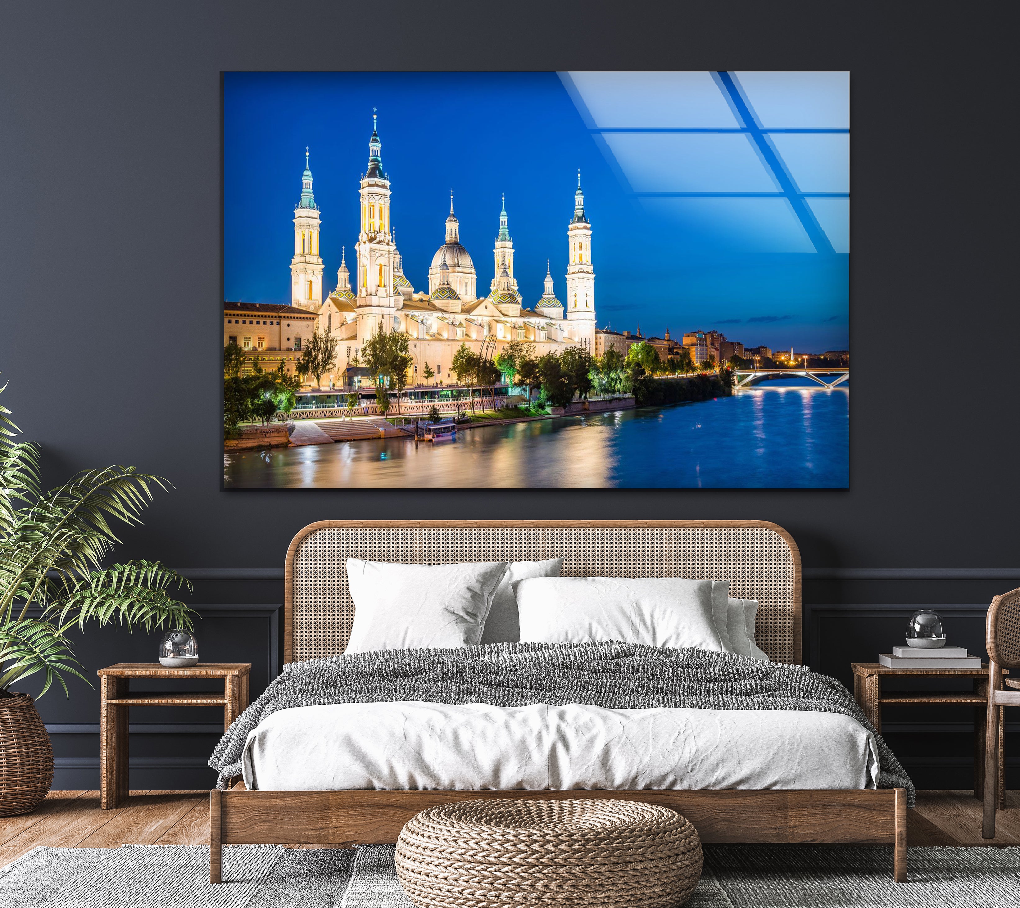 Basilica del Pilar Glass Wall Art - Stunning Night View of Zaragoza's Iconic Landmark | Religious Home Decor & Spanish Souvenir Gift for Travel Lovers