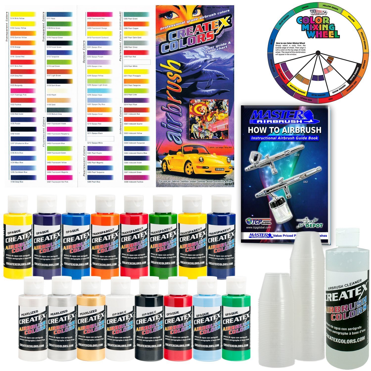 Createx KIT-SUPER16 Airbrush Super Starter Kit - 100 Paint Mixing Cups, Airbrush Guide Book, 80 Color Chart & Mixing Wheel | Perfect for Beginners, Hobbyists & Professional Artists | Ideal for Model Painting, T-Shirt Design & Automotive Art