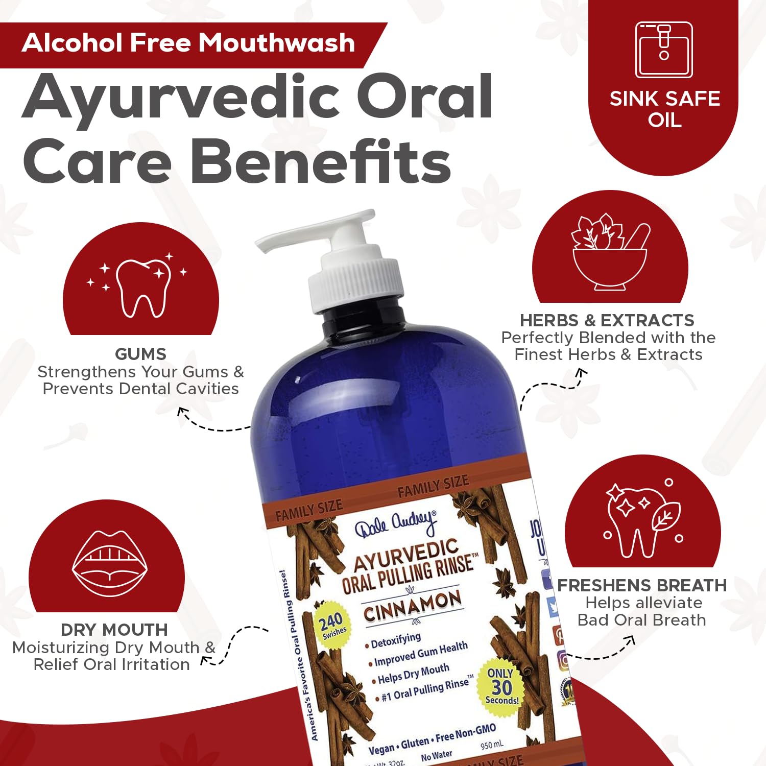 Organic Cinnamon Oil Pulling Mouthwash for Teeth Whitening & Gum Health | Natural Bad Breath Treatment with Essential Oils | Fresh Breath Oral Rinse for Daily Use | Family Size 32oz Bottle | Perfect for Morning Routine & Post-Meal Freshness