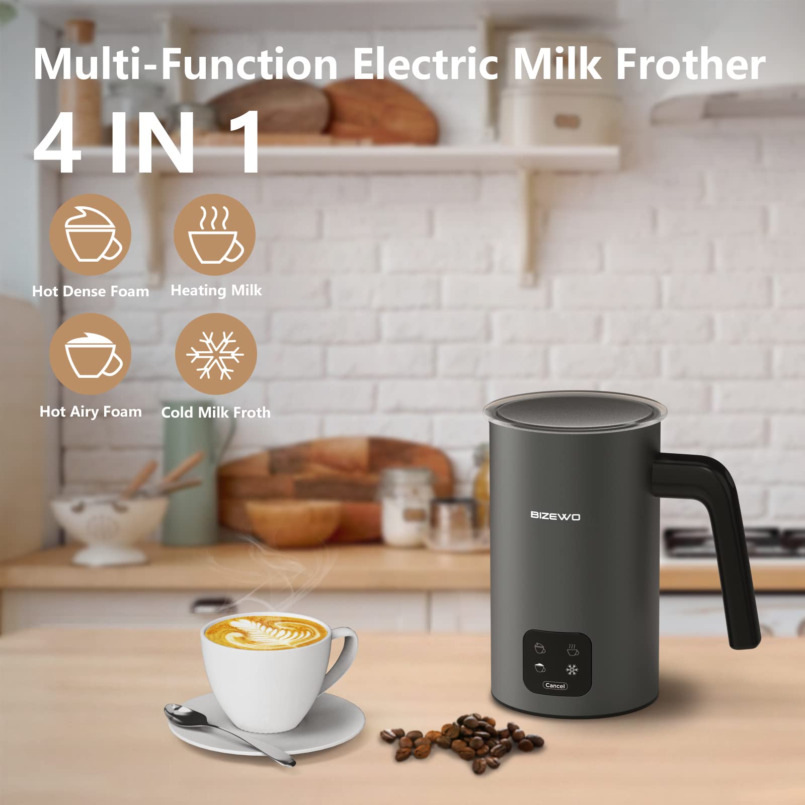 BIZEWO Electric Milk Frother - 4-in-1 Automatic Milk Warmer & Steamer with Touch Screen for Coffee, Latte, Cappuccino - Stainless Steel Warm & Cold Foam Maker for Home, Office, Coffee Shop Use
