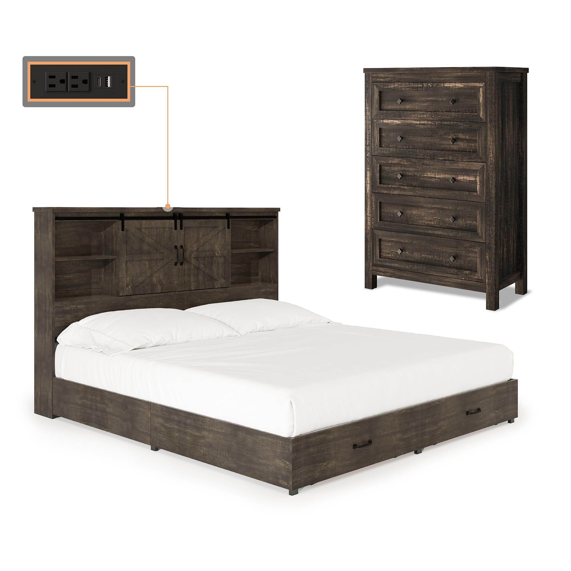 AMERLIFE Queen Bed Frame with LED Bookcase Headboard & 4 Under-Bed Drawers, 2-Piece Bedroom Set with Tall 5-Drawer Farmhouse Dresser, Dark Oak - Perfect for Modern Farmhouse, Apartment & Guest Room Decor