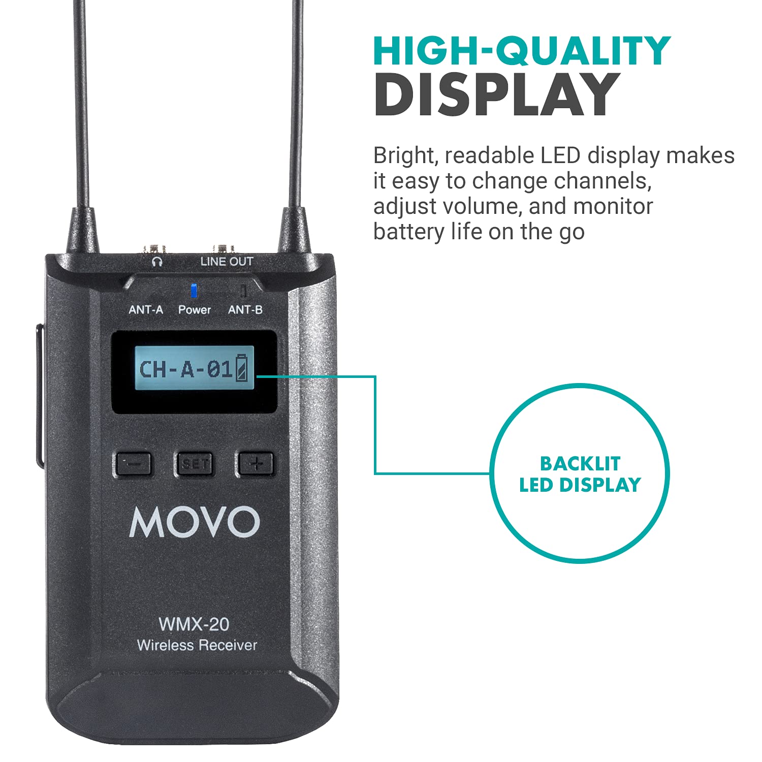 Movo WMX-20-RX Wireless Lavalier Microphone Receiver - Compatible with WMX-20 UHF System, Pairs with 2 Lapel Mics | Professional Audio Monitoring for Podcasting, Video Recording & Live Streaming