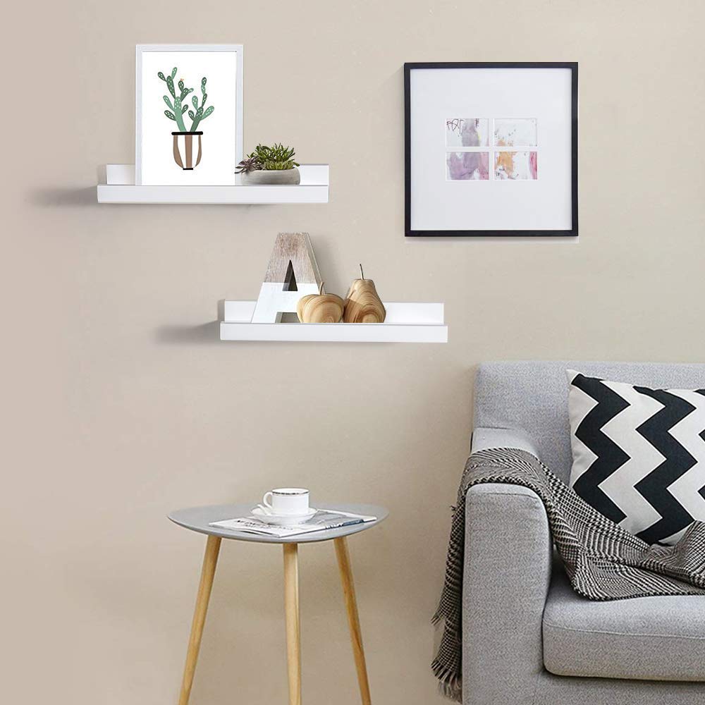 GEEZY Set of 2 Floating Wall Shelves - White Picture Ledge Display Racks for Books, Photos & Decor - 30 x 10 x 5 cm - Perfect for Living Room, Bedroom & Office Organization