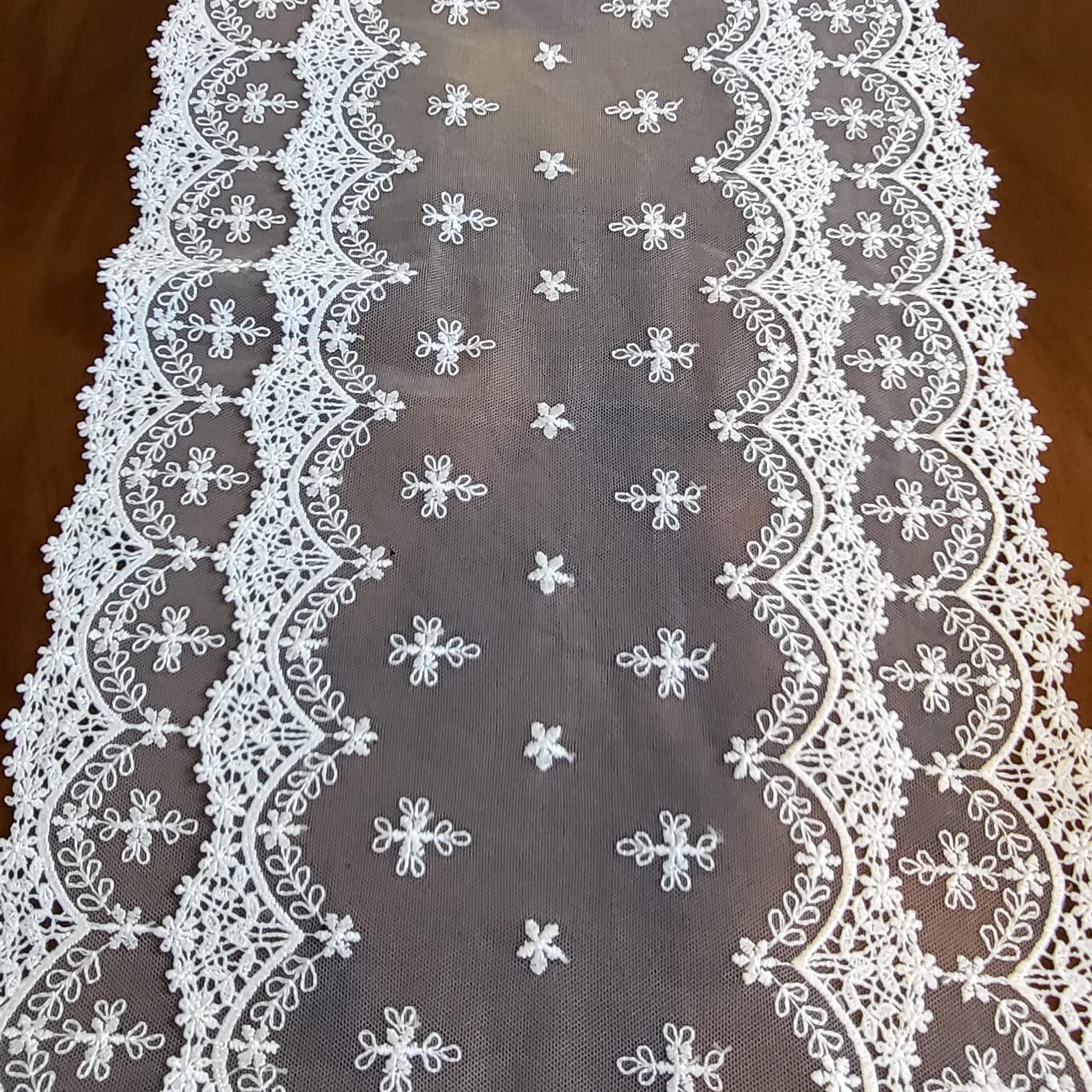 Elegant White Embroidered Table Lace Runner 12×50 Inch (31×130cm) - Perfect for Wedding, Holiday, Picnic & Daily Dinner Table Decor - Durable Polyester Fabric for Home & Event Decoration