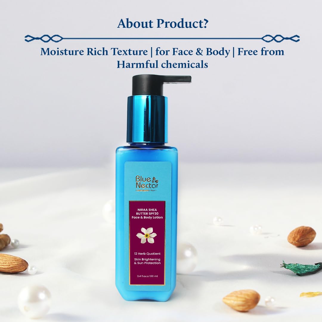 Blue Nectar SPF 30 PA++ Body Lotion with Body Butter for Women & Men | Plant-Based Sunscreen Moisturizer for UVA/UVB Protection & Glowing Skin (200ml) | Daily Hydration for Face & Body at Beach, Pool & Outdoor Activities