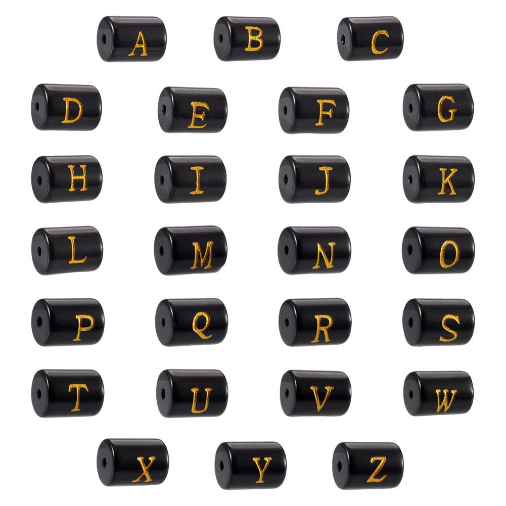 Cheriswelry 26Pcs 11mm Black & Gold Alphabet Glass Beads - DIY Letter Beads for Necklace, Bracelet, Jewelry Making - Perfect for Personalized Gifts, Initial Jewelry, and Craft Projects (Men & Women)