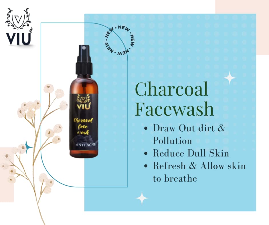 VIU Naturals Charcoal Face Wash for Men - Organic Activated Charcoal Cleanser | Fights Acne, Brightens Skin, Protects from Pollution (100ml) | Perfect for Daily Skincare Routine & Gym Recovery