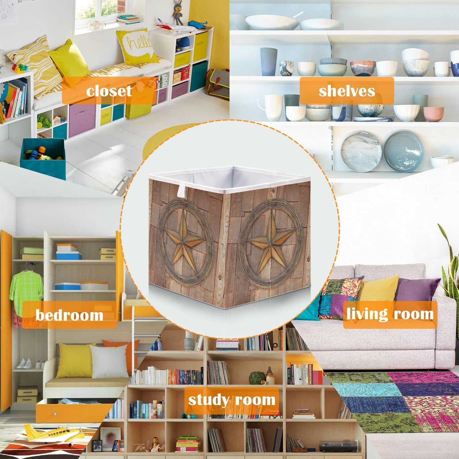 American Texas Star Wood Wall Square Collapsible Storage Bins - Foldable Fabric Toy Organizer with Handles for Nursery, Shelves & Closet | Perfect for Kids' Room Organization & Home Decor