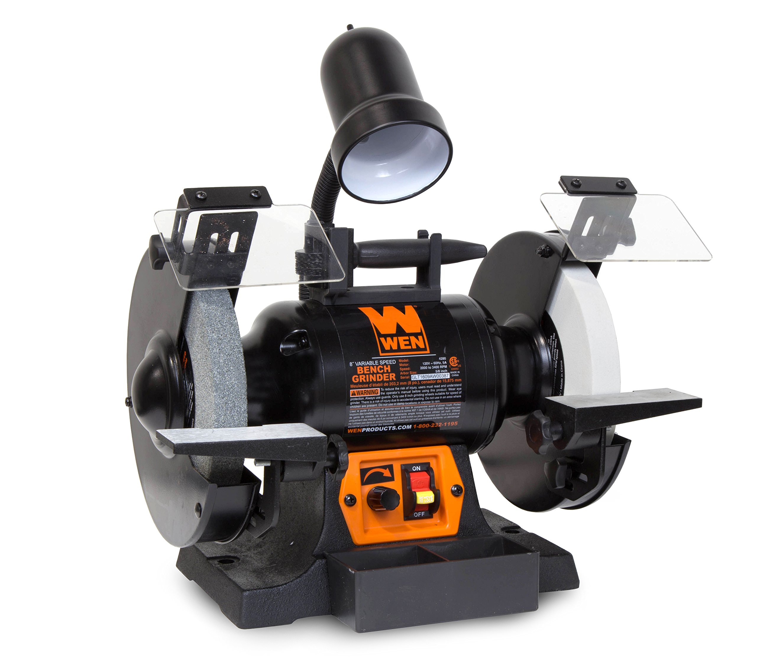 WEN BG4280 5-Amp 8-Inch Variable Speed Bench Grinder with Flexible Work Light - Black & Orange - Perfect for Metalworking, Woodworking, and DIY Projects