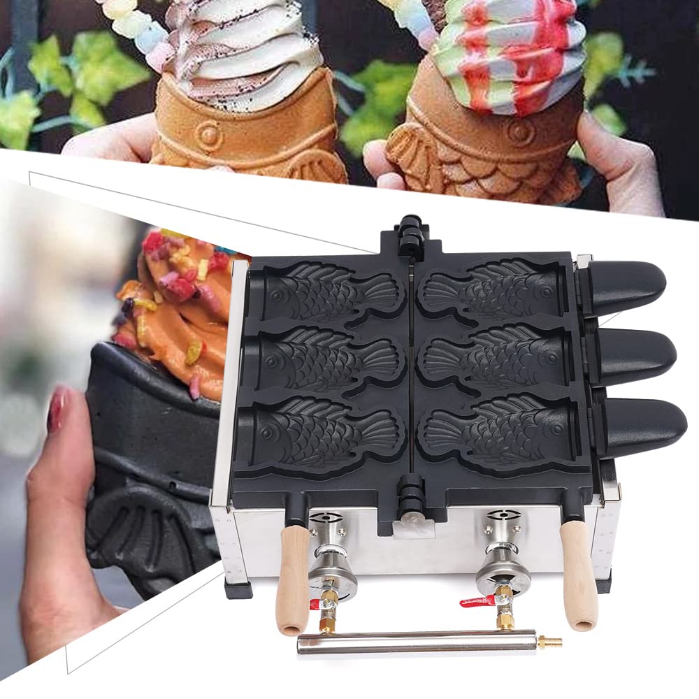 Premium Commercial Taiyaki Waffle Maker Machine - 3-Cavity LPG Fish-Shaped Waffle Iron with Nonstick Stainless Steel Plates - Perfect for Bubble Tea Shops, Asian Dessert Cafes, and Street Food Vendors