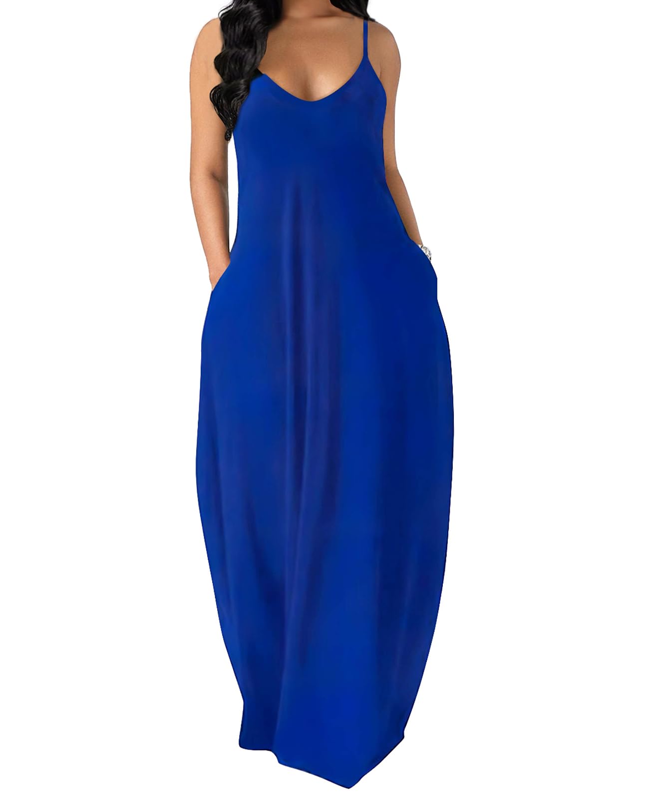 OFEEFAN Women's Summer Maxi Dress - Spaghetti Strap Flowy Long Dress with Pockets | Casual Beach Dress, Vacation Outfit, Boho Chic Style for Outdoor Parties & Date Nights