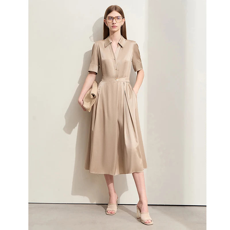 Elegant Minimalist Silk Dress for Women - Summer Light Luxury Lapel Half Placket Stretch Long Shirt Dress | Perfect for Office Wear, Date Nights & Special Occasions