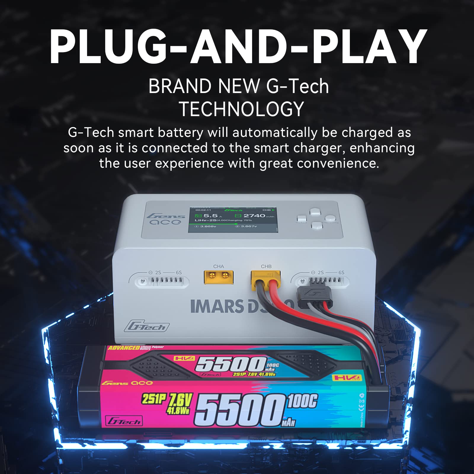 Gens Ace IMARS D300 G-Tech Series Smart Dual Lipo Battery Charger - 16A AC 300W DC 700W Fast Charging for RC Cars, Drones, and Airsoft (White) - Perfect for Hobbyists and Professionals