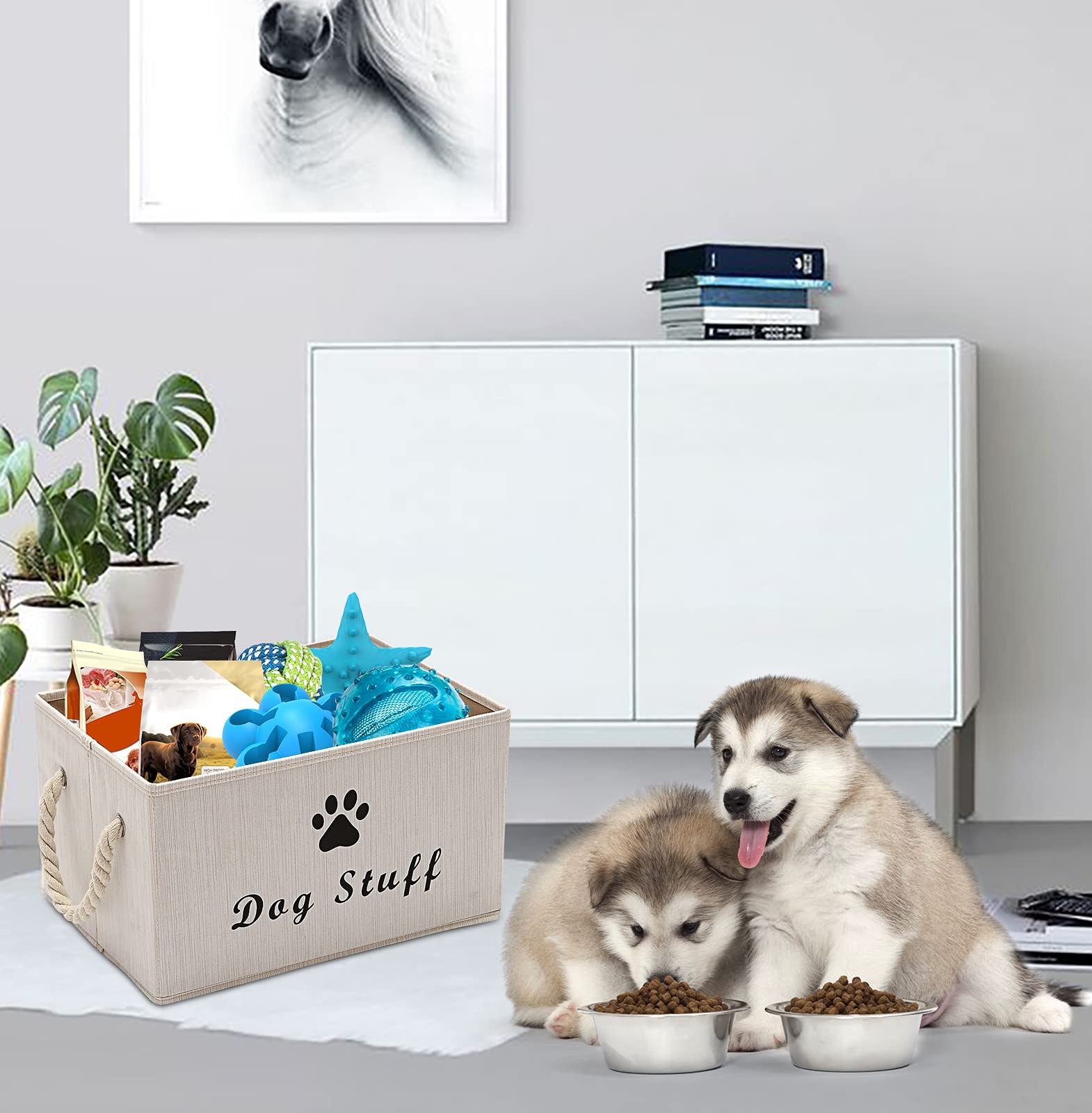Morezi Canvas Pet Toy Storage Bin & Organizer Basket - White | Perfect for Dog & Cat Toys, Blankets, Leashes, Food | Ideal for Living Room, Bedroom & Pet Play Areas