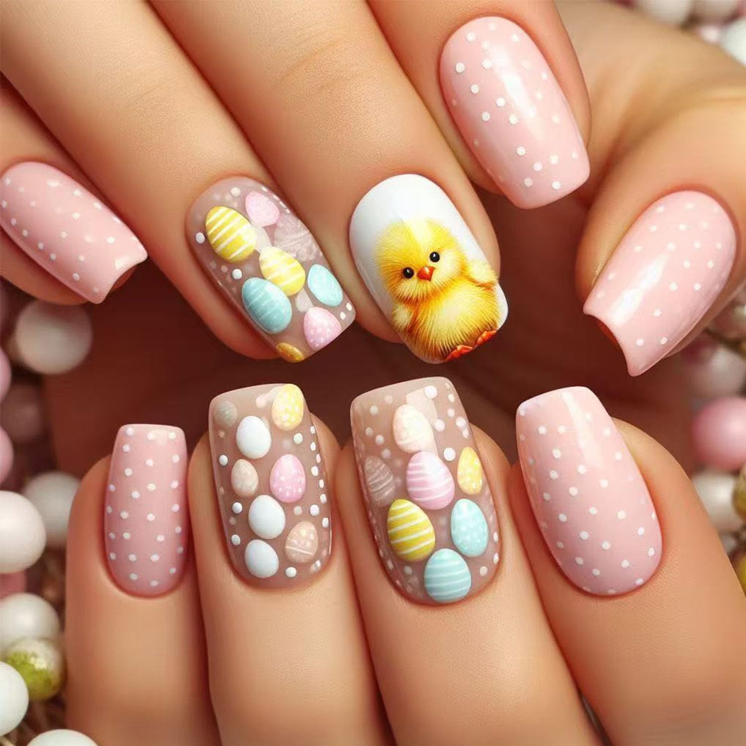 Easter Press On Nails - Spring Fake Nails with Cute Chick & Egg Polka Dot Design - Short Square False Nails for Women - 24Pcs Manicure Set - Perfect for Easter Parties, Spring Nail Art & Holiday Celebrations