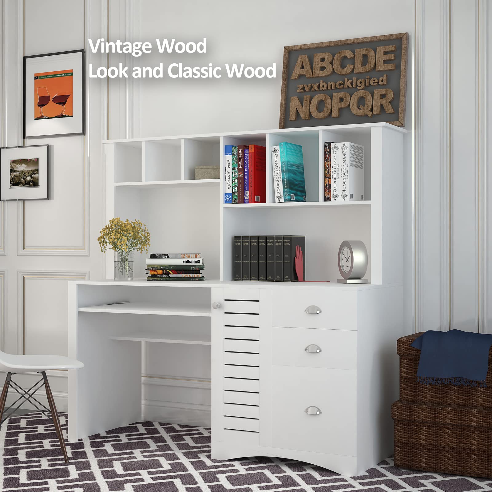 Holaki Wooden Computer Desk with Drawers & Bookshelf - Space Saving Executive Desk for Home Office, Study, or Dorm Room - Includes Keyboard Tray & Hutch in Antiqued White Finish - Perfect for Students, Teens, and Small Spaces