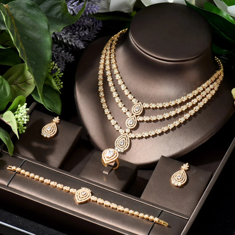 Stylish HIBRIDE Leaf CZ Jewelry Set in Gold - Perfect for Weddings, Parties & Everyday Elegance