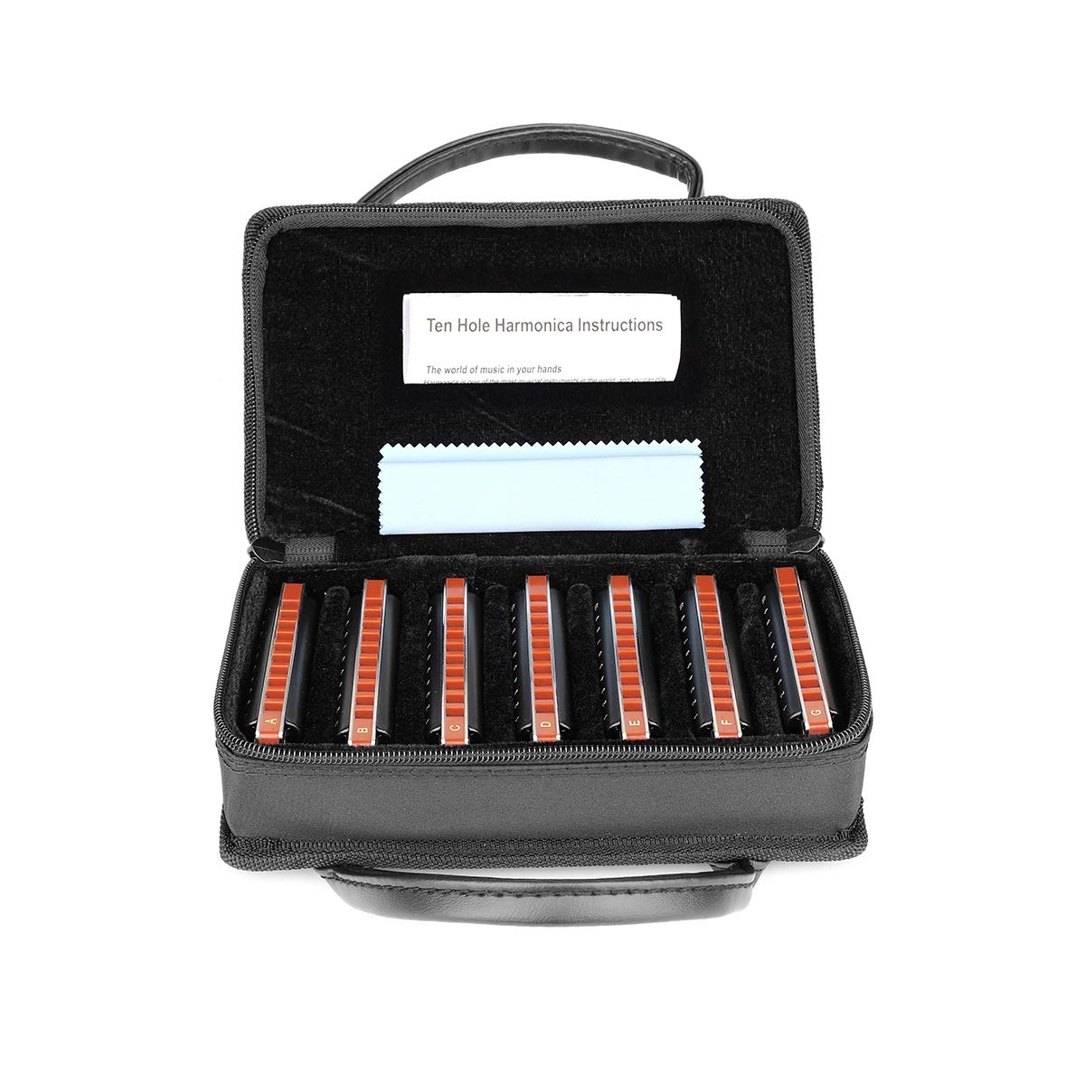 Easttop Professional 10 Hole 20 Tone Harmonica Set - 7 Keys (A,B,C,D,E,F,G) with Protective Case, Cleaning Cloth - Perfect for Adults, Beginners & Professional Players - Durable Black Design for Live Performances, Studio Recording & Music Practice