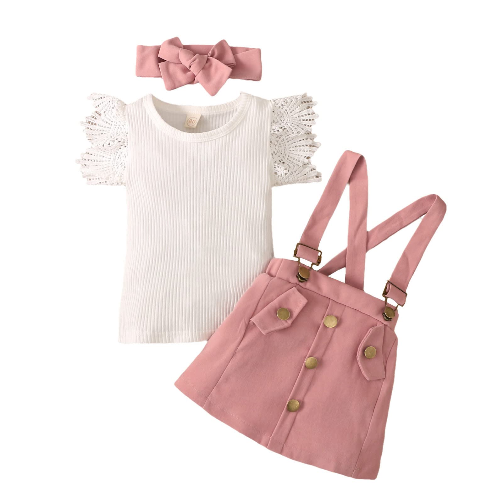 Toddler Baby Girls Summer Outfit - Ribbed Ruffle Long Sleeve Dress with Plaid Overall Skirt & Headband Set | Perfect for Playdates, Parties & Photo Shoots
