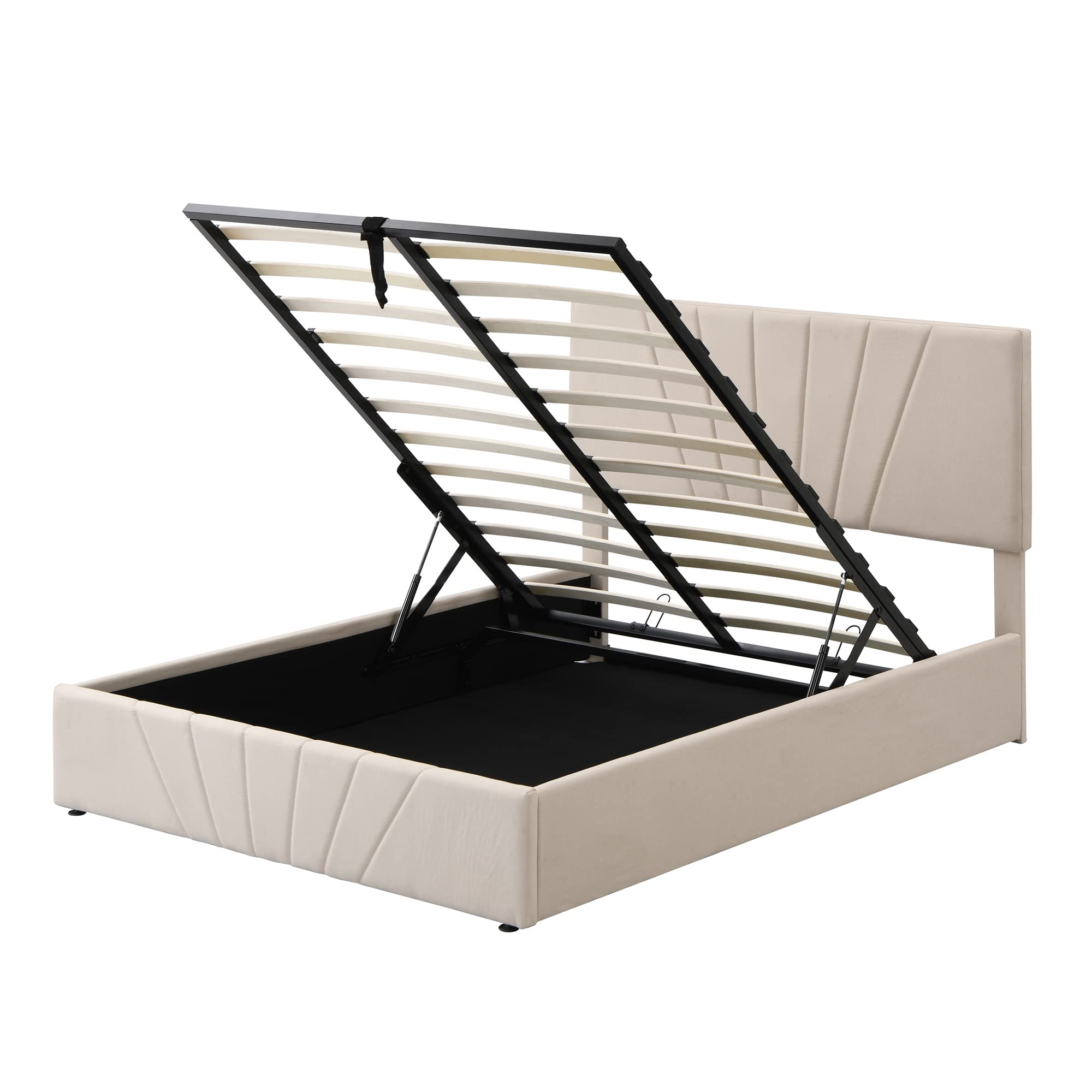 SOFTSEA Upholstered Full Platform Bed Frame with Headboard & Hydraulic Storage System - Under Bed Storage, Beige Fabric - Perfect for Small Bedrooms, Guest Rooms & Space-Saving Solutions