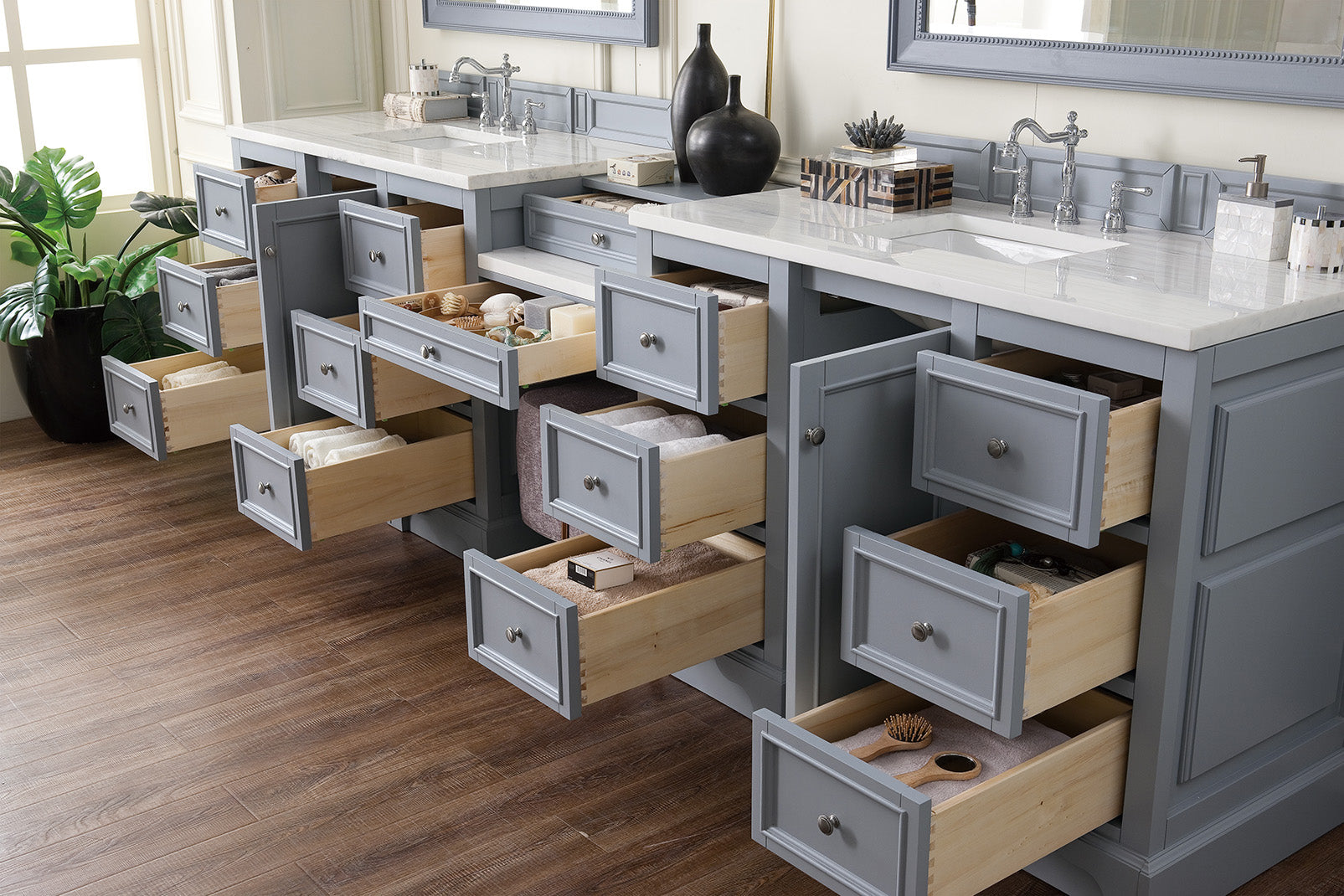 De Soto 118 Double Vanity Set with Makeup Table - Silver Gray Bathroom Vanity with 3CM Arctic Fall Solid Surface Top for Master Bathroom Remodeling & Home Decor
