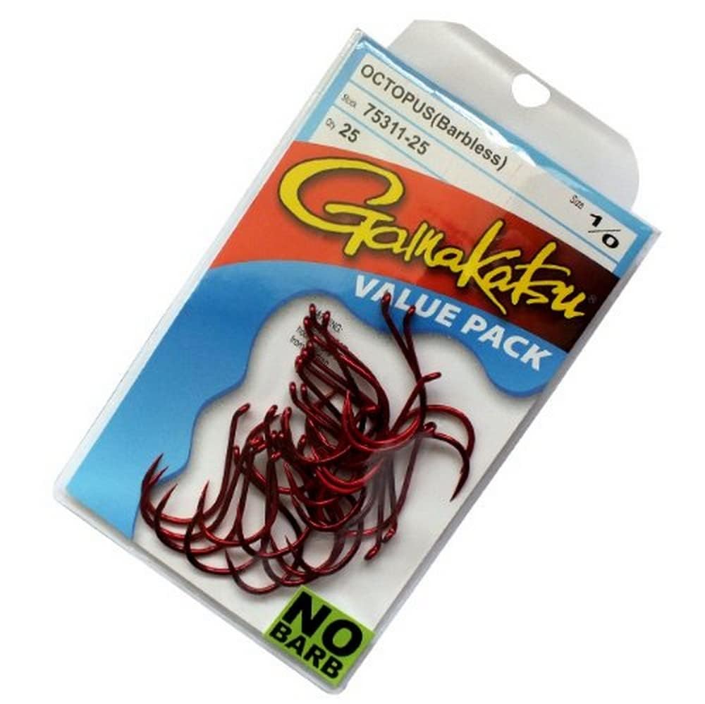 Gamakatsu Barbless Octopus Fishing Hooks - Pack of 25 (Size 4, Red) for Saltwater & Freshwater Fishing - Ideal for Catch and Release, Bait Fishing, and Fly Fishing
