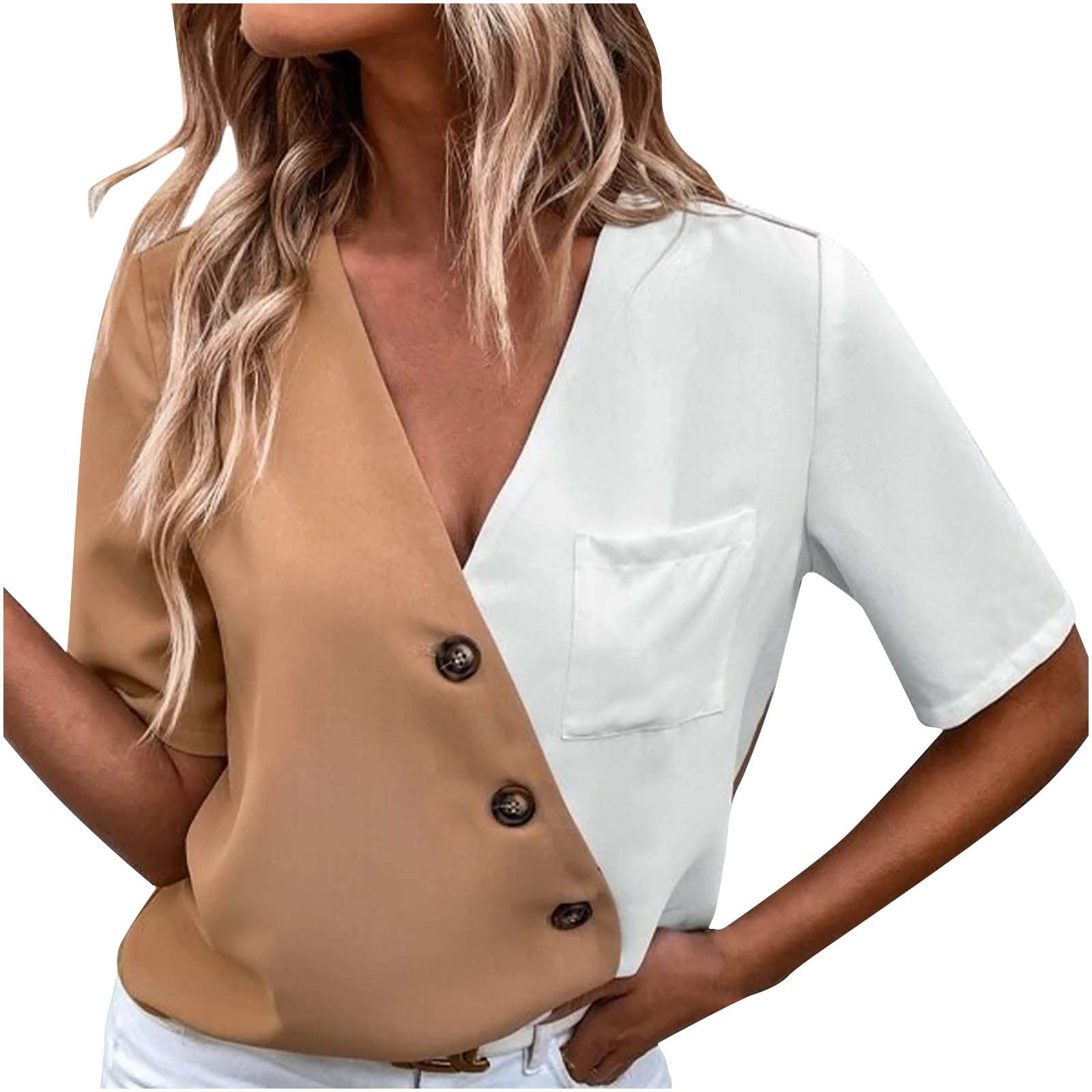 Women's Summer Short Sleeve Solid Color T-Shirt - Sexy Stitched Button Detail Casual Blouse for Work, Office & Going Out | Perfect for Business Casual, Date Nights & Summer Outfits