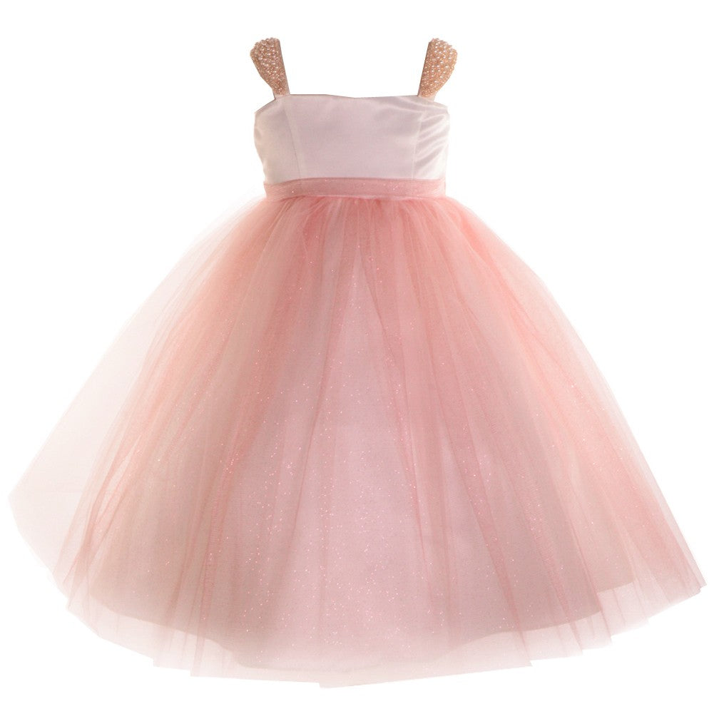Elegant Blush Pearl Shoulder Mesh Junior Bridesmaid Dress for Big Girls Size 8-12 | Perfect for Weddings, Proms & Special Occasions