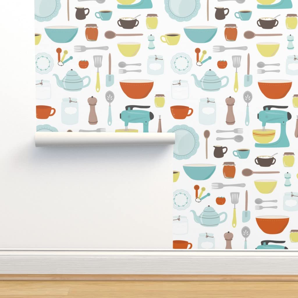 Removable Vintage Kitchen Wallpaper 12ft x 2ft - Retro Baking & Cooking Design, Mid Century Style, Pre-Pasted Peel & Stick Wallpaper by Spoonflower - Perfect for Kitchens, Dining Rooms, Coffee Shops & Home Decor