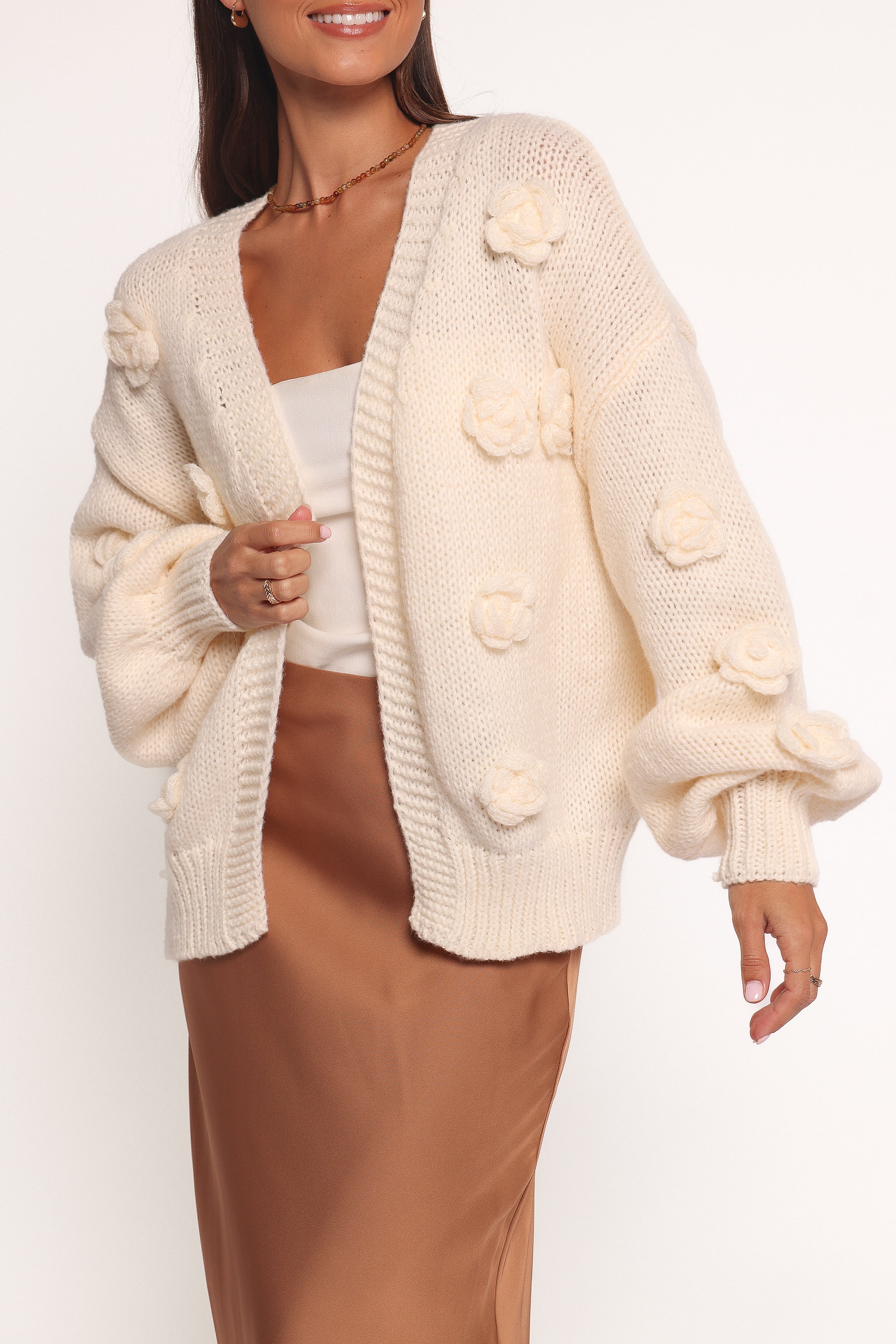 Doralee Women's Rose Cardigan Sweater - Soft Cream Knit Open Front Long Sleeve Cover Up for Casual Outings, Coffee Dates & Fall Layering