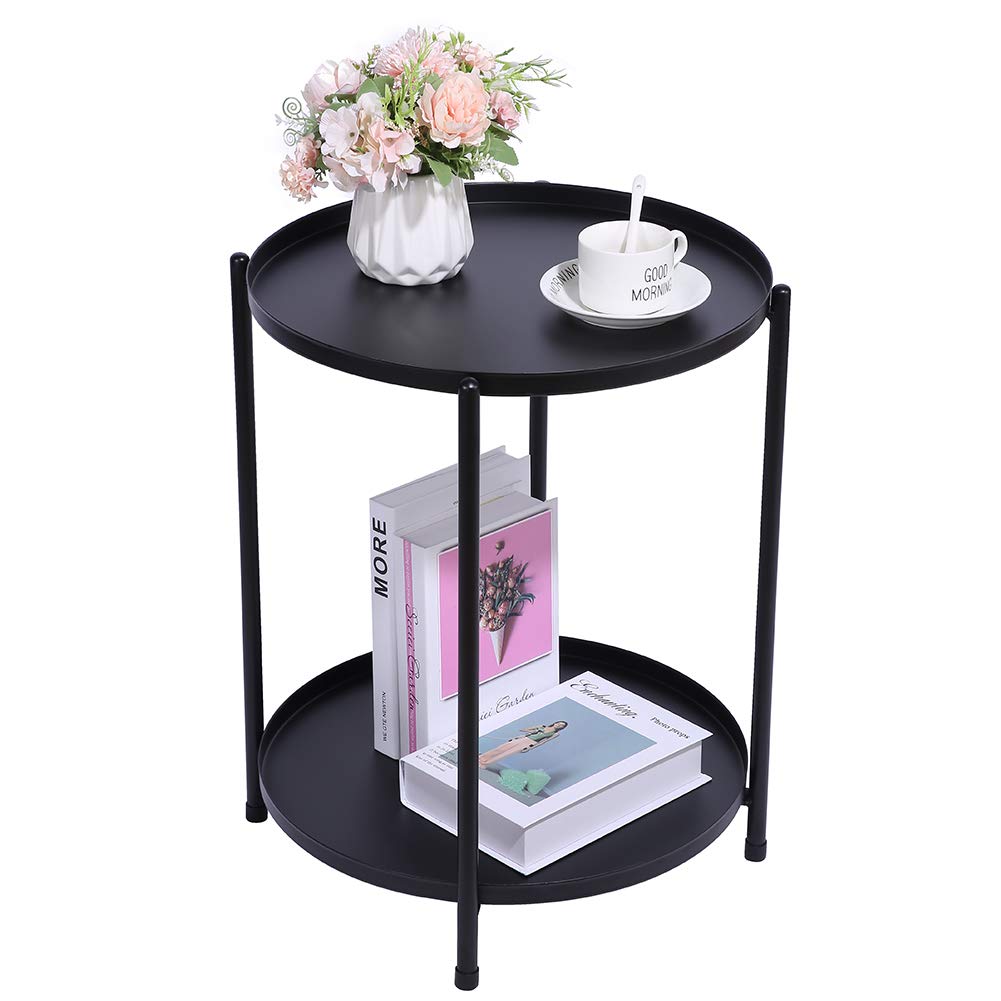 Round Metal Side Table - 2-Tier Matte Black End Table for Small Spaces, Bedside Nightstand | Perfect for Living Room, Bedroom & Office Use