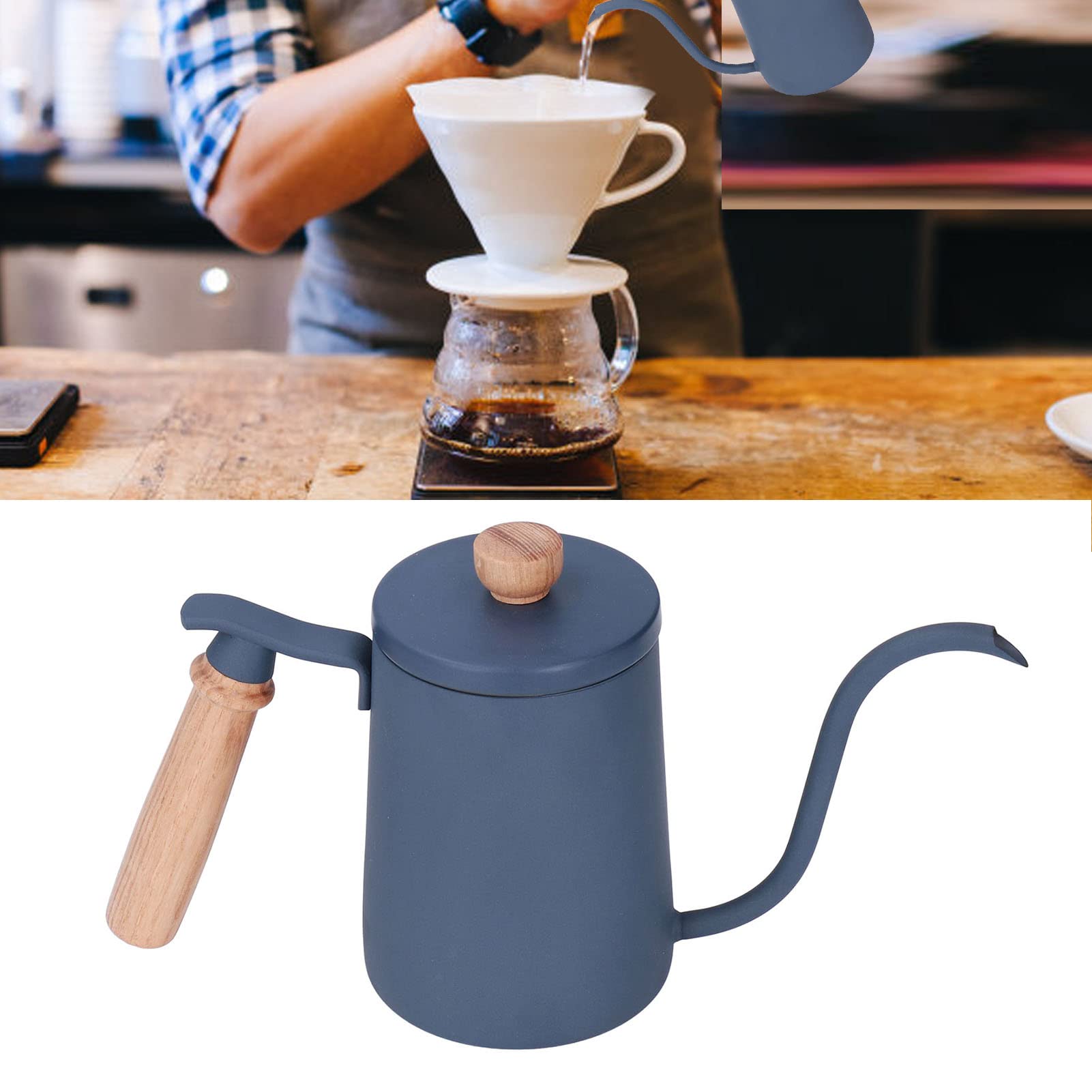 Premium 600ml Stainless Steel Gooseneck Pour Over Coffee Kettle with Wooden Handle & Vent Hole - Perfect for Pour Over Coffee, Tea Brewing, and Precise Water Control (Blue)