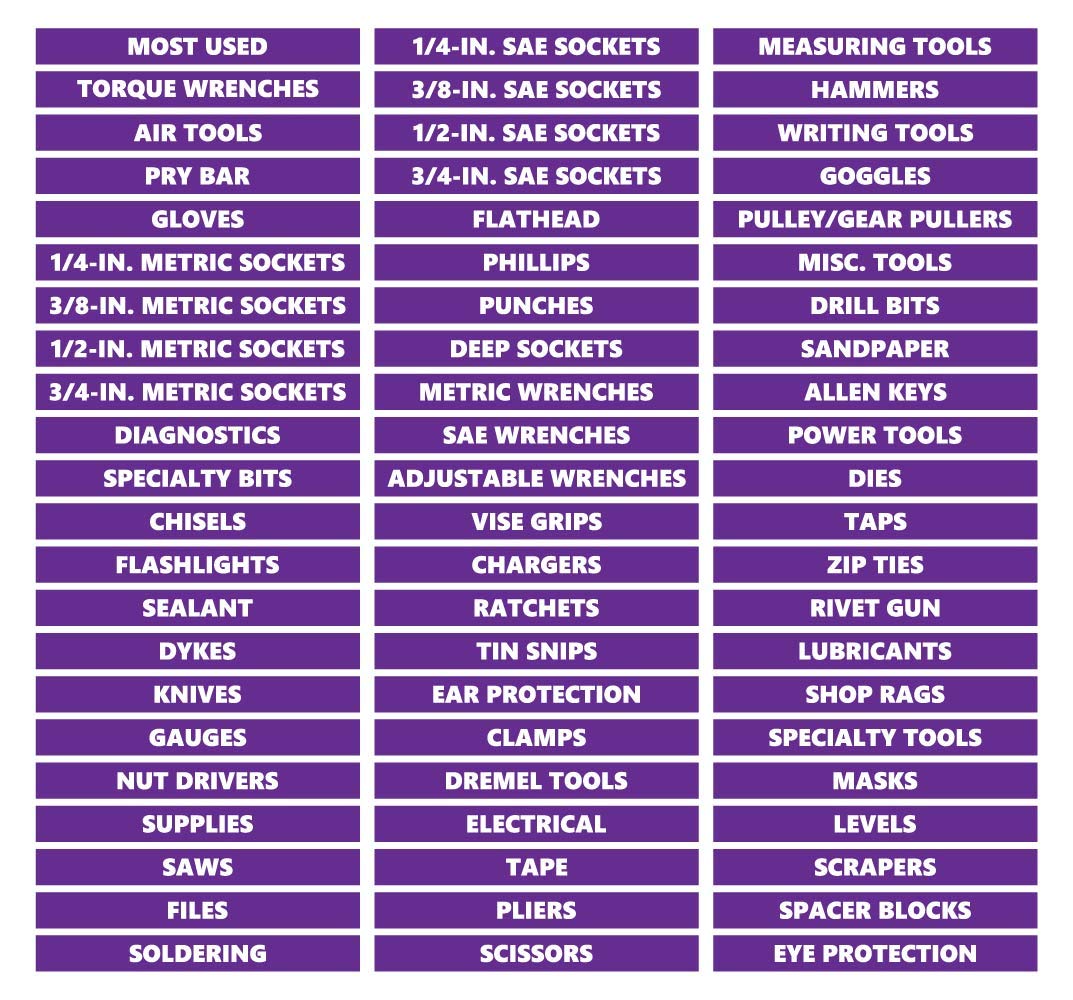 66-Piece Magnetic Tool Labels Set - Durable, Easy-to-Read Tool Organization Magnets for Toolbox & Workshop (Purple, 0.5”H x 4.5”W) by DCM Solutions - Perfect for Garage, DIY Projects & Professional Tool Storage