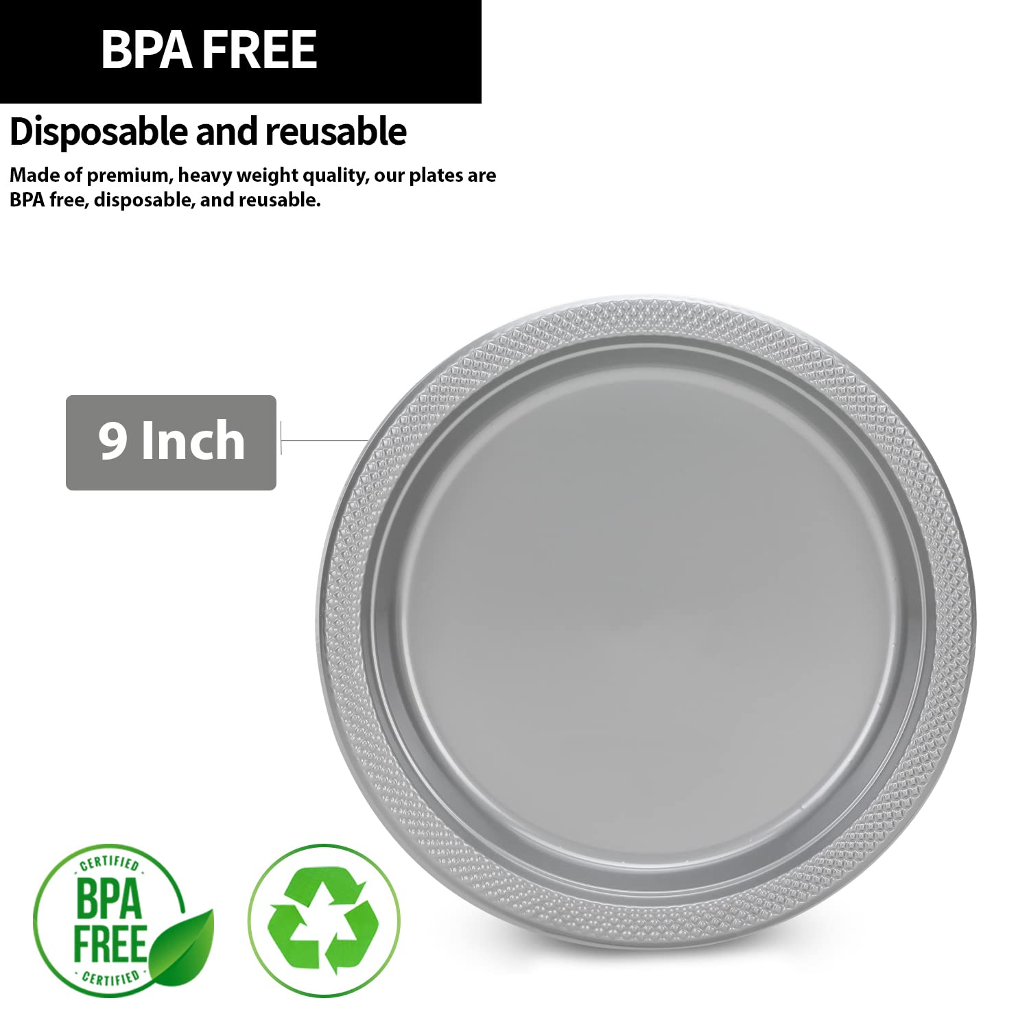 Hanna K. Signature 9 Inch Silver Plastic Plates - 600 Count Disposable Round Party Plates for Weddings, BBQs, Birthdays & Desserts - Elegant & Durable for Any Celebration