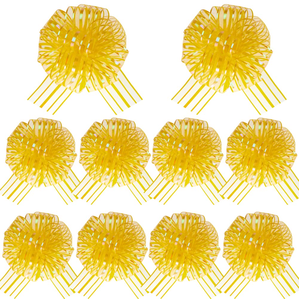 10 Pieces 6 Inch Yellow Organza Pull Bows for Gift Wrapping - Perfect for Birthday Presents, Christmas Gifts, Wedding Baskets & Party Decorations