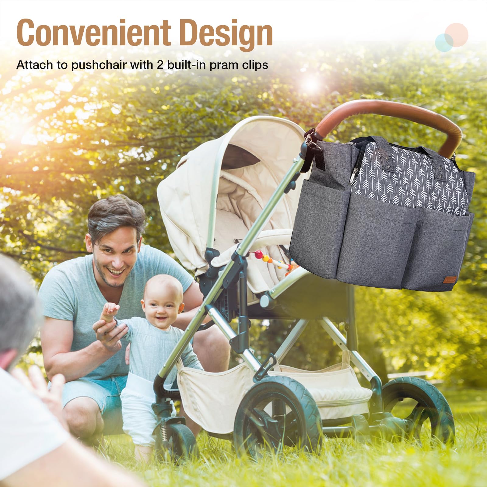 **Lekebaby Large Waterproof Diaper Bag Tote for Moms - Stylish Grey Arrow Print, Hospital & Travel Baby Essentials Organizer - Perfect for Daycare, Outings & Family Trips**
