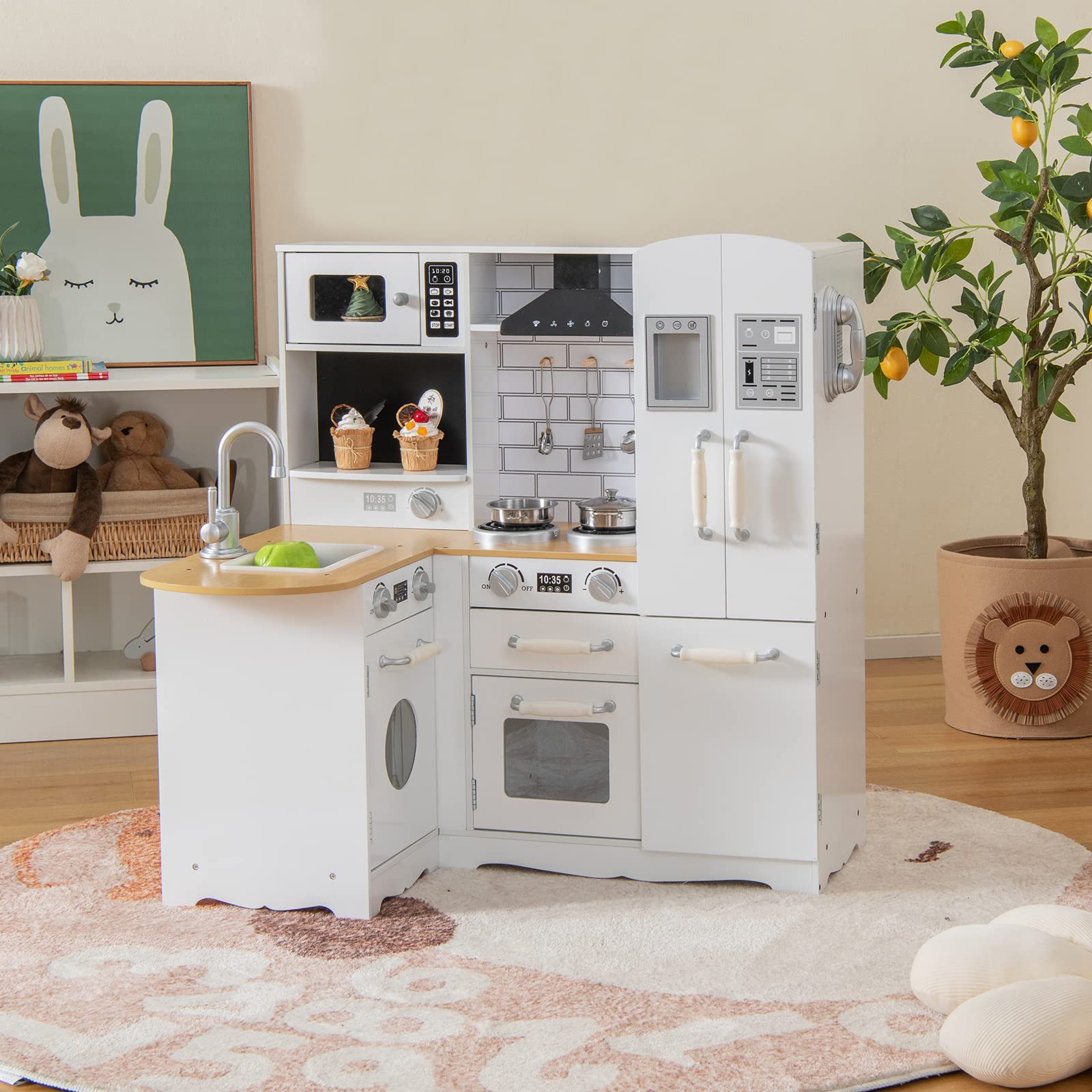 HONEY JOY Wooden Play Kitchen Set for Toddlers - Pretend Play Toy with Microwave, Refrigerator, Water Dispenser & Cookware - Little Chef Role Play Kitchen for Boys & Girls - Perfect for Home, Preschool & Daycare Pretend Cooking Activities