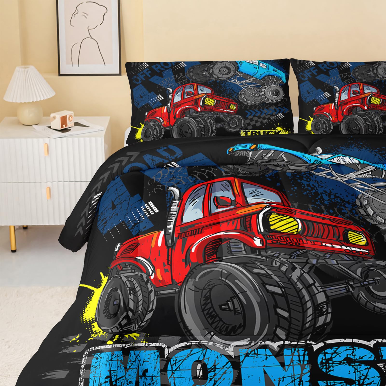 QOOMO Truck Comforter Set for Kids & Teens - Cars Themed Twin Size Bedding, 3 Piece Microfiber Comforter with 2 Pillowcases - Soft, Lightweight & Breathable - Perfect for Boys' Bedroom, Dorm Room or Sleepovers (Black)