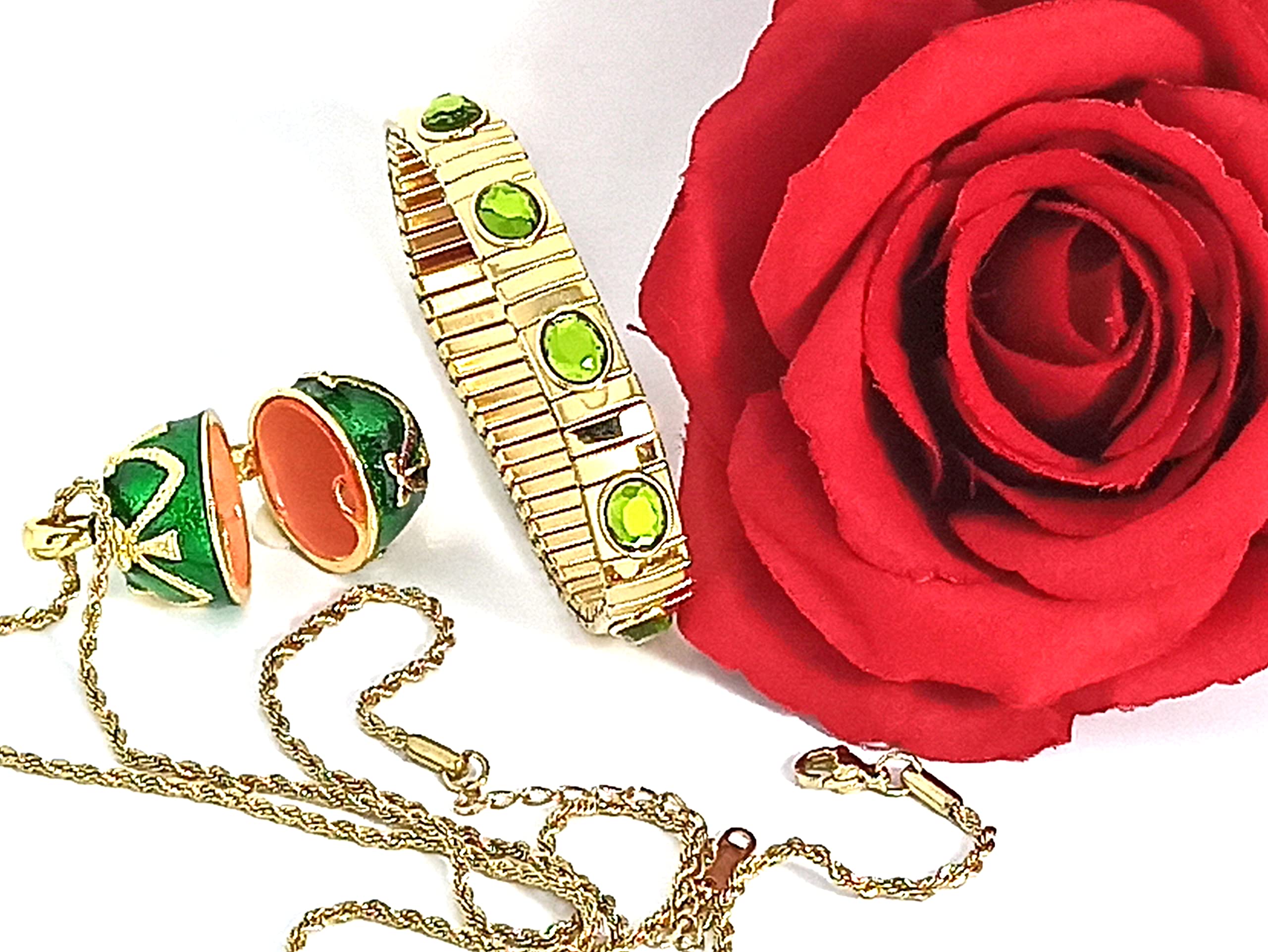 Handmade 24K Gold Emerald Green Faberge Egg Pendant Necklace & Bracelet Set - 1.5