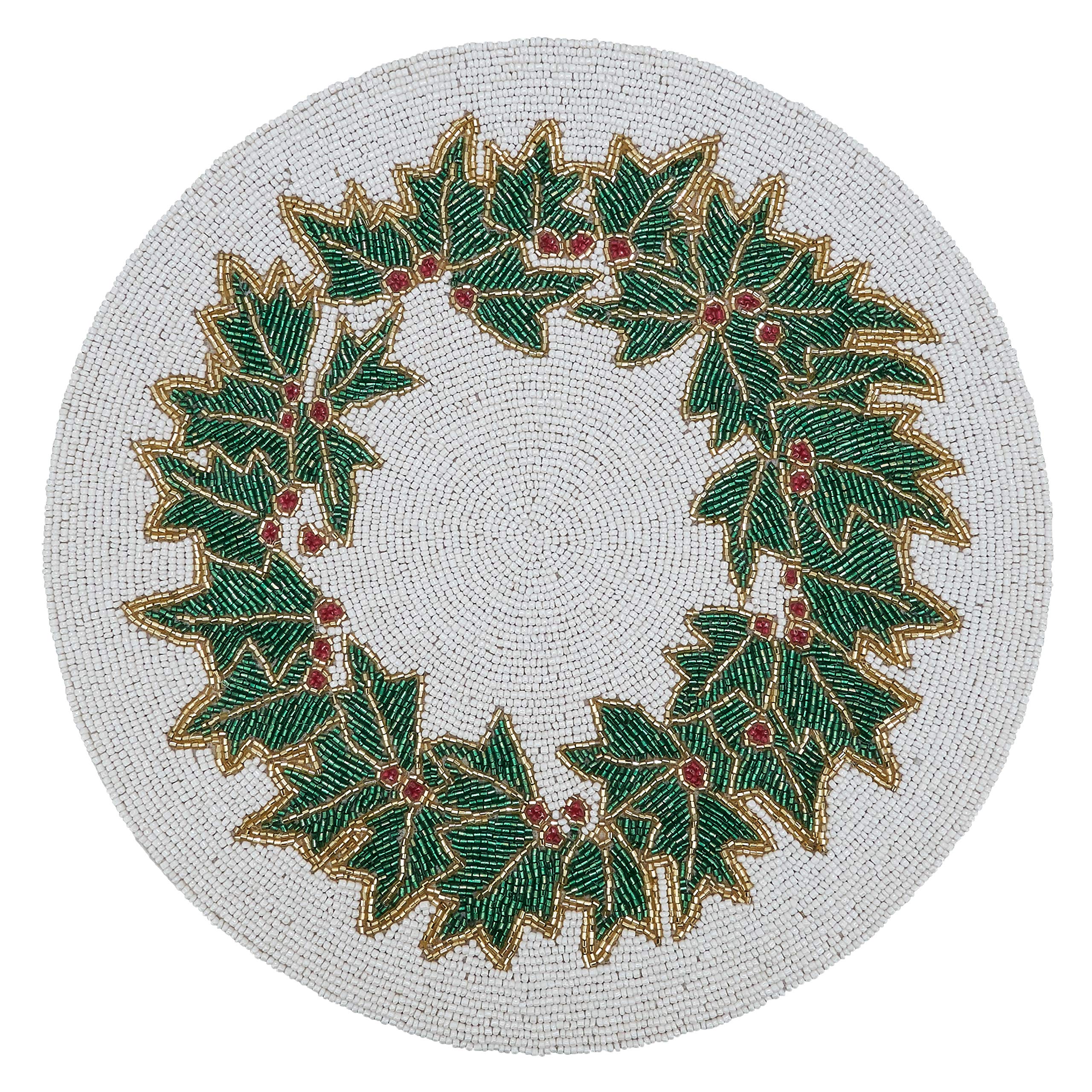 Beaded Holly Placemats Set of 4 - Elegant Christmas Table Decor for Holiday Dining & Party Settings