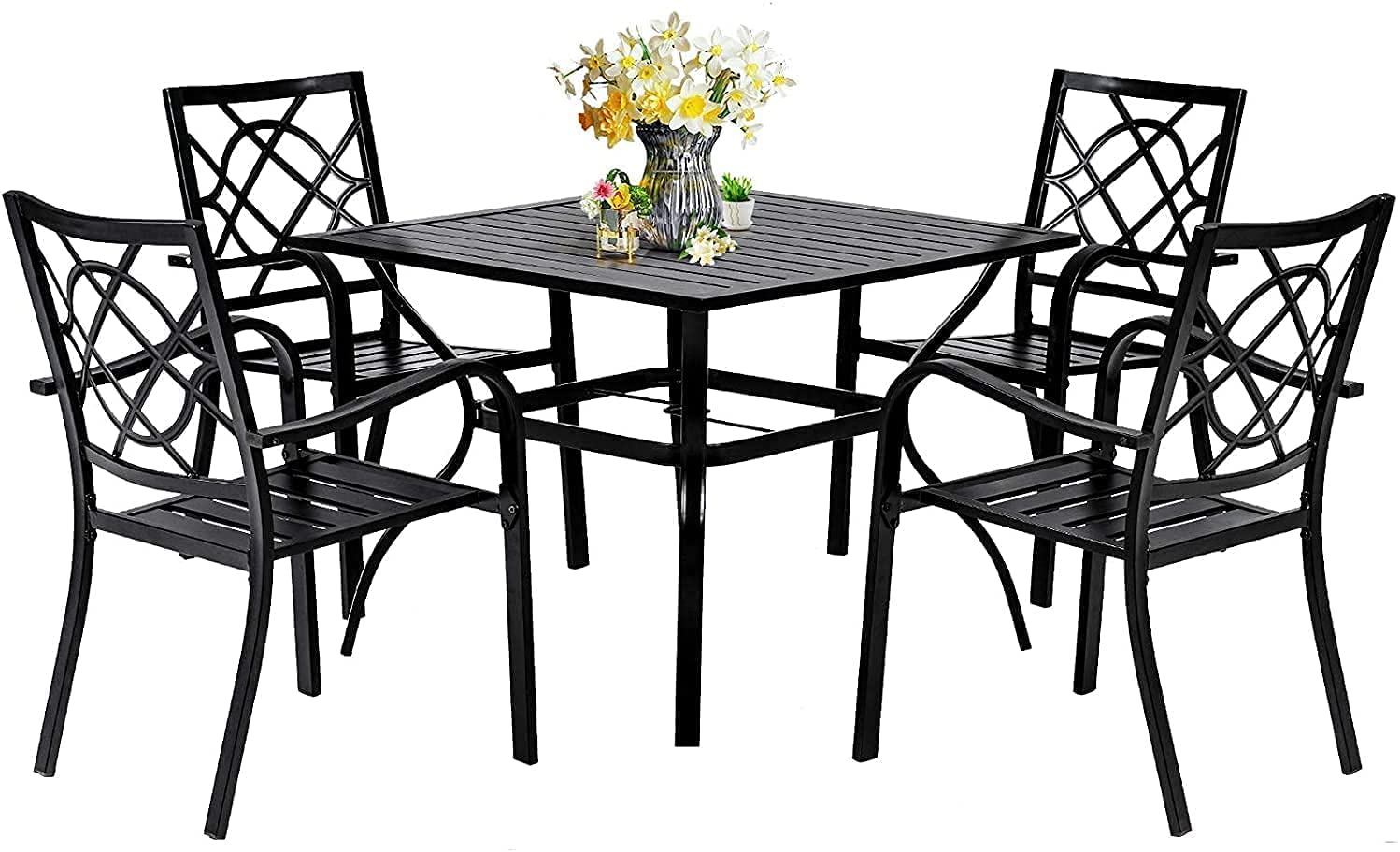 Omelaza 5-Piece Outdoor Patio Dining Set - Black Metal Bistro Table & 4 Stackable Chairs with 37