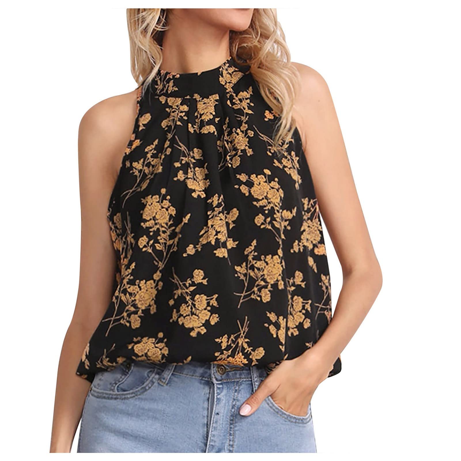LOOKAA Women's Strapless Floral Print Cropped Top - Round Neck Sleeveless Casual Blouse, Loose Fit Breathable Polyester Summer Shirt for Party, Beach, Vacation & Night Out