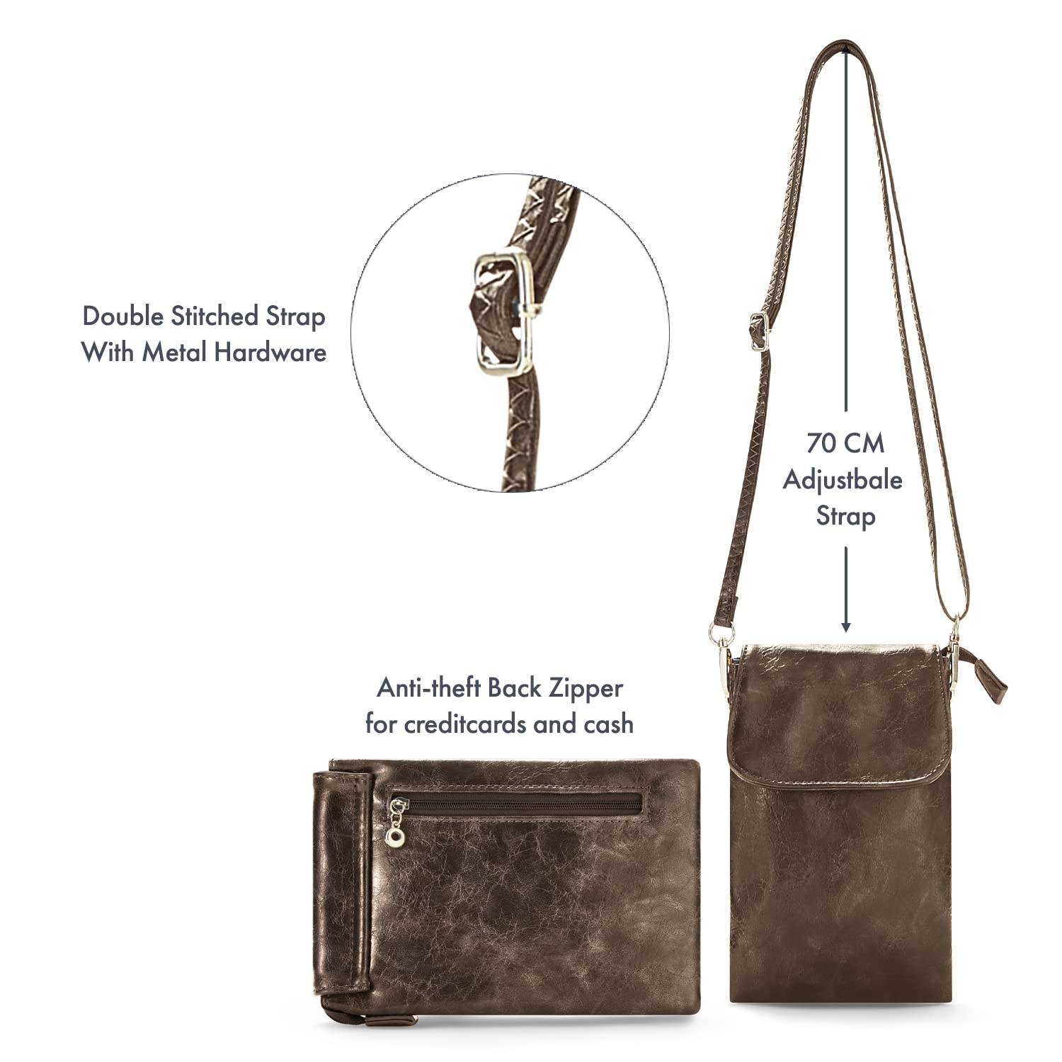 Woodland Vegan Leather Crossbody Phone Bag for Women - Anti-Theft Zipper Pocket, Fits All Smartphones | Perfect for Travel, Shopping & Everyday Use