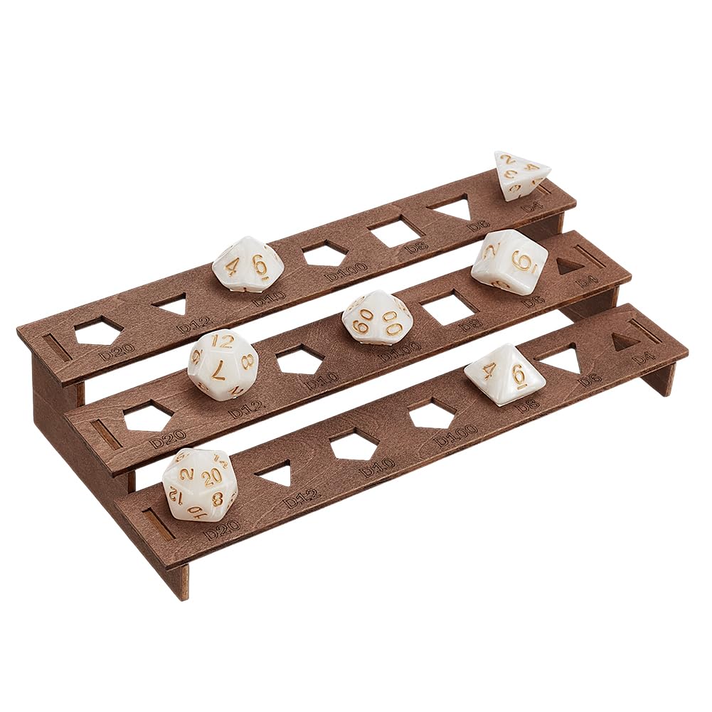 BENECREAT 3-Tier Wooden Dice Holder - Coconut Brown Display Rack for 21 Polyhedral Dice | D&D Game Accessories, RPG Collector Storage | Perfect for Tabletop Gaming, Dungeons & Dragons Sessions, and Dice Enthusiasts