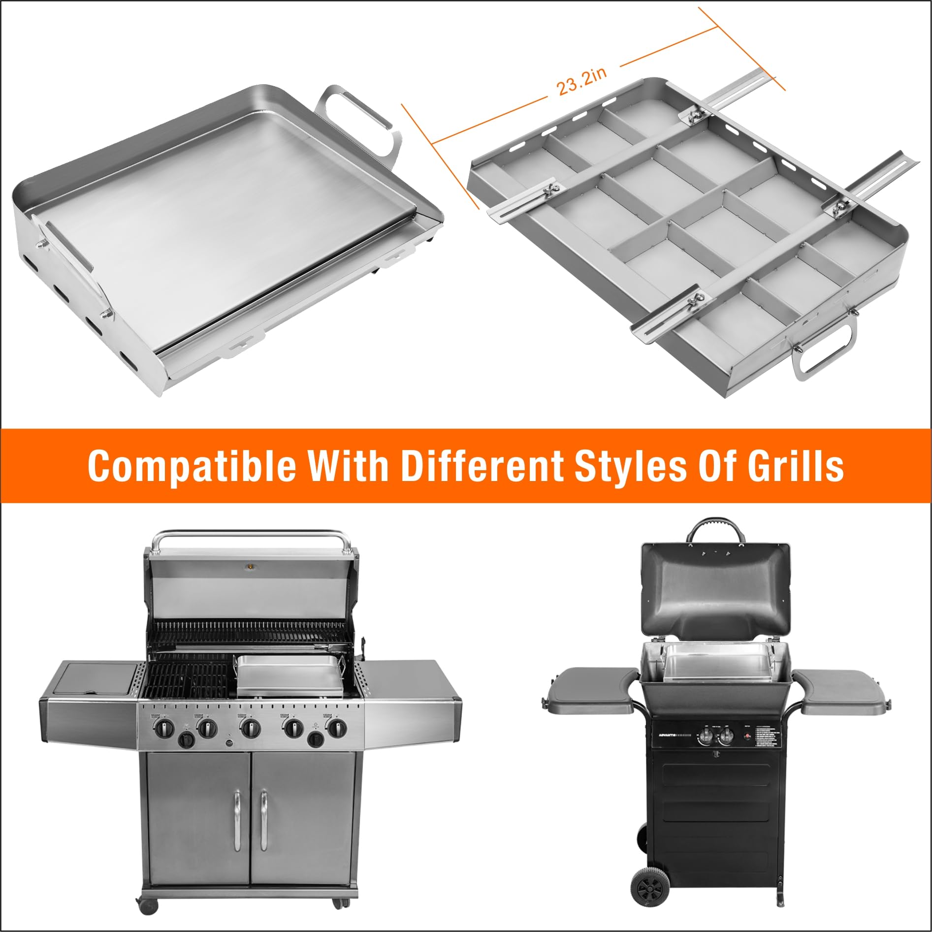 JiRiCHMi Stainless Steel Griddle for Gas Grill - Flat Top Grill for Stove with Removable Grease Tray & Retractable Stand - Perfect for Outdoor Cooking, Camping, BBQs, and Backyard Grilling - Fits Various Grill Sizes