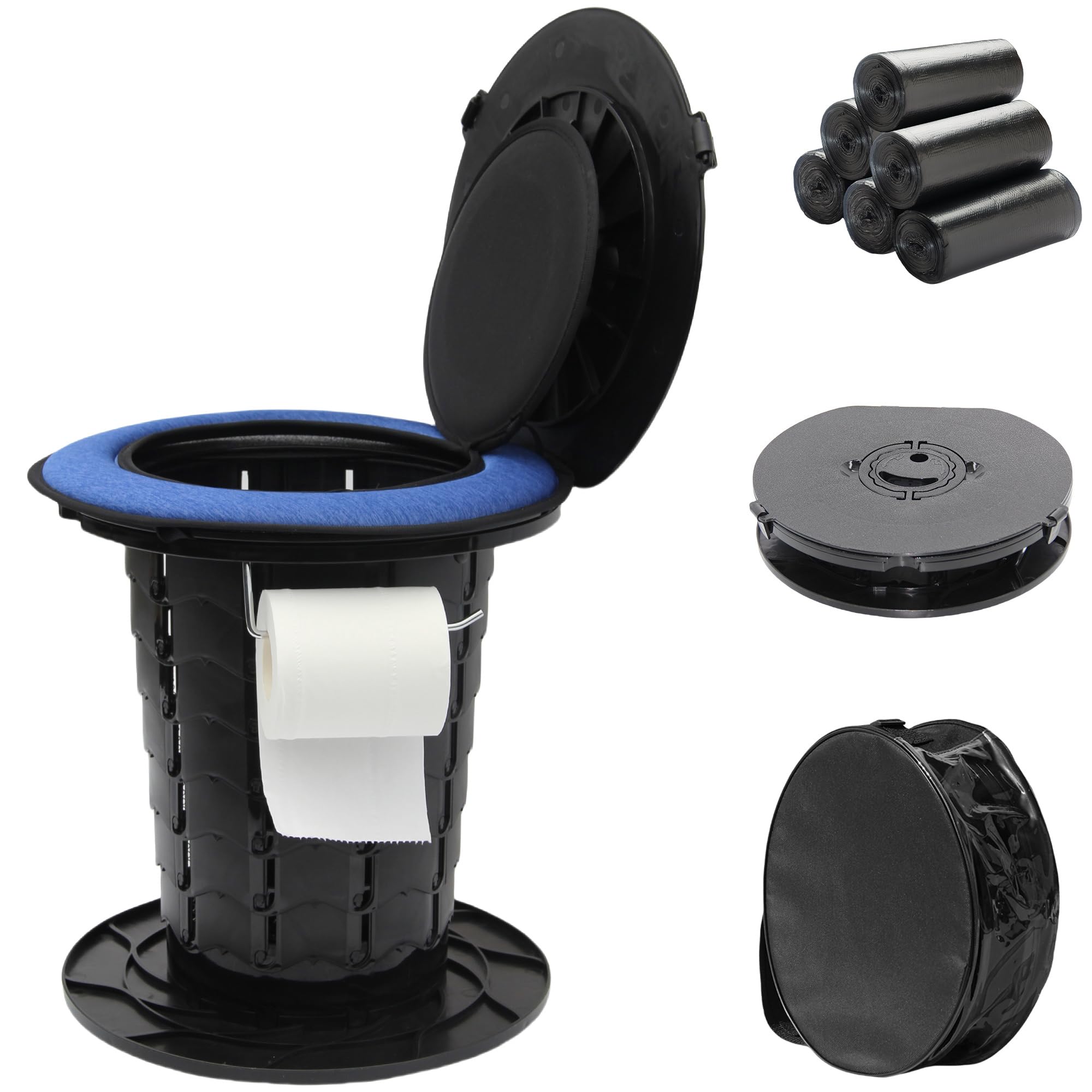 Upgraded Retractable Portable Toilet with Cushion - Adjustable Height Camping Toilet with Paper Holder | Lightweight Travel Potty for Camping, Hiking, RV, Boat, Emergency & Outdoor Adventures