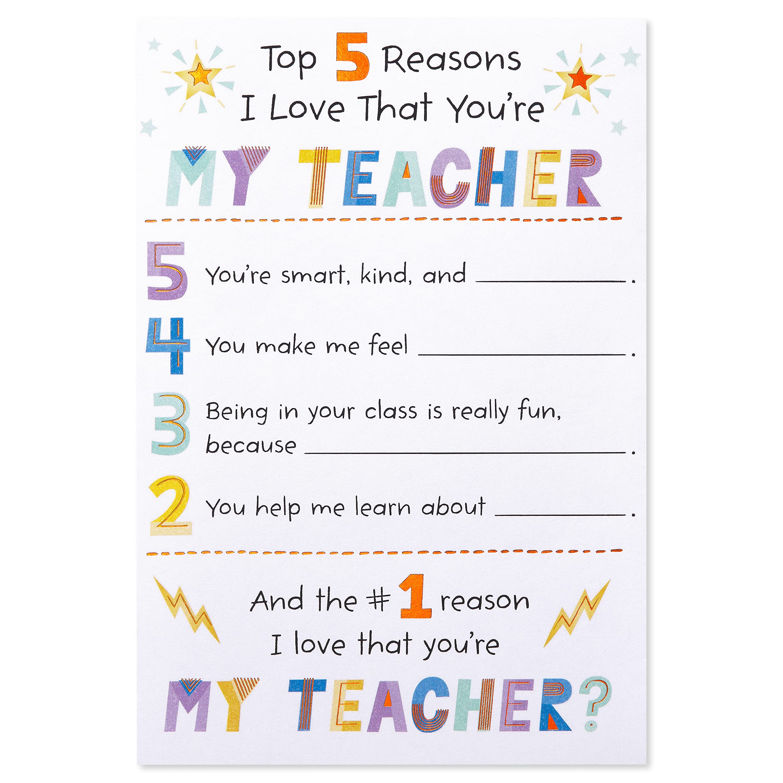 Best Teacher Ever! Fill In The Blank Thank You Card by American Greetings - Perfect for Teacher Appreciation Week, End of Year Gifts & Thank You Notes