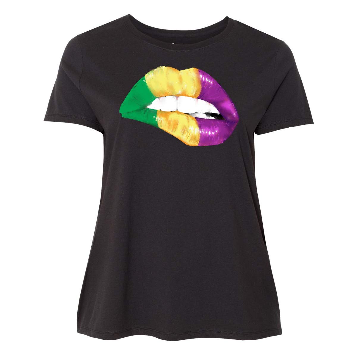 Inktastic Mardi Gras Biting Lips Graphic Tee - Green & Gold Women's Plus Size T-Shirt - Perfect for Festivals, Parties & Casual Wear