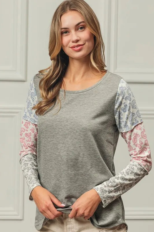 BiBi French Terry Paisley Triblend Color Block Sweatshirt - Soft Casual Pullover for Women | Perfect for Lounge Wear, Yoga & Everyday Comfort