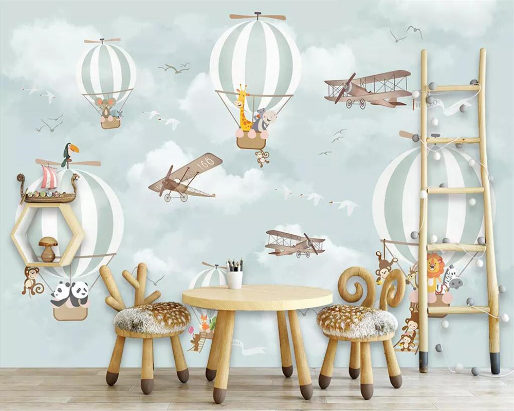 Animals Flying on Hot Air Balloons Sky Nursery Wallpaper - Adorable Baby Room Decor for Boys & Girls